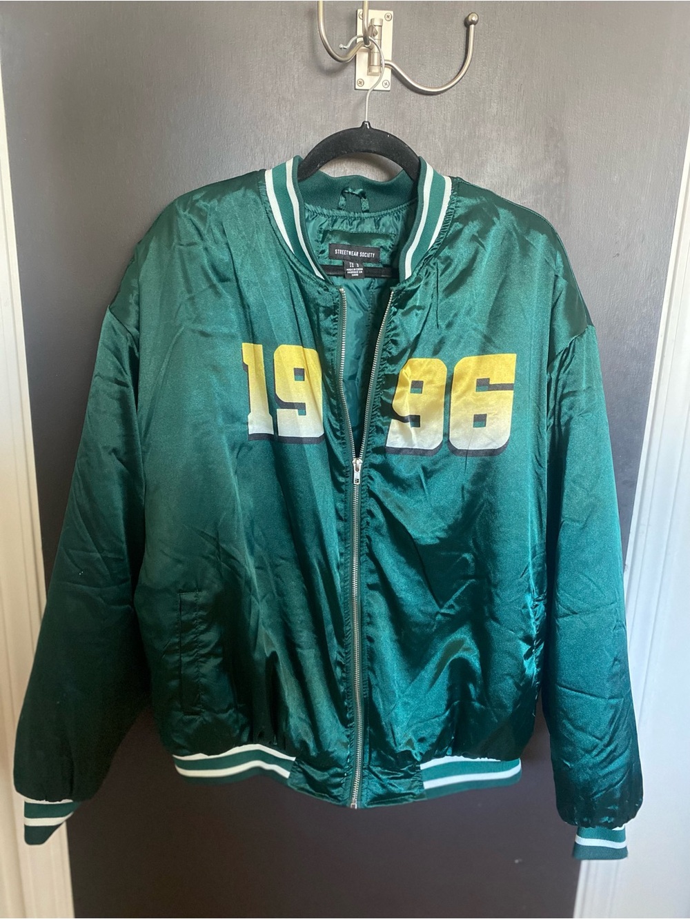 Streetwear Society Green Satin Bomber Jacket with Yellow '1996' Print